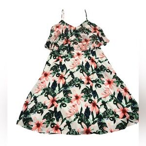 Vince Camuto White Midi Dress with Pink Floral & Green Leaves